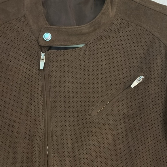 Zara Faux Suede Moto Jacket Mens Small Brown Perforated Full Zip Long Sleeve - Picture 2 of 5